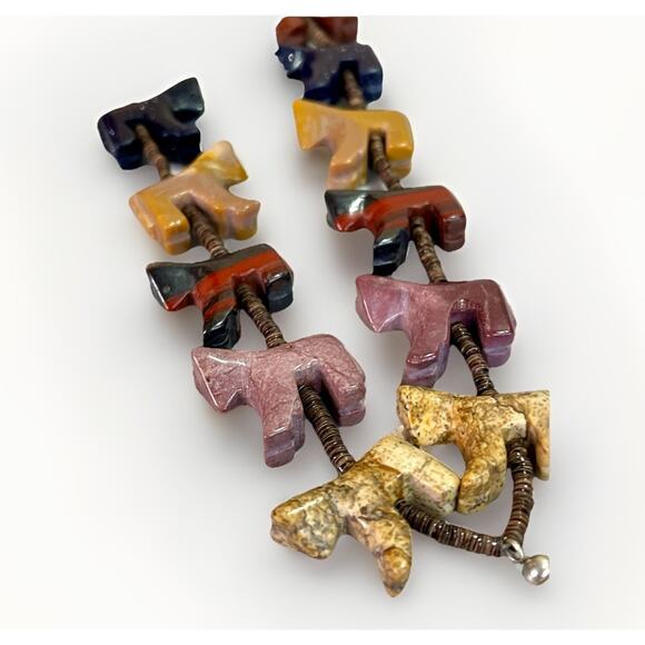 Zuni Sterling Silver Fetish Necklace Multicolor Jasper Rhodonite Carve Stone 28" - Picture 8 of 15